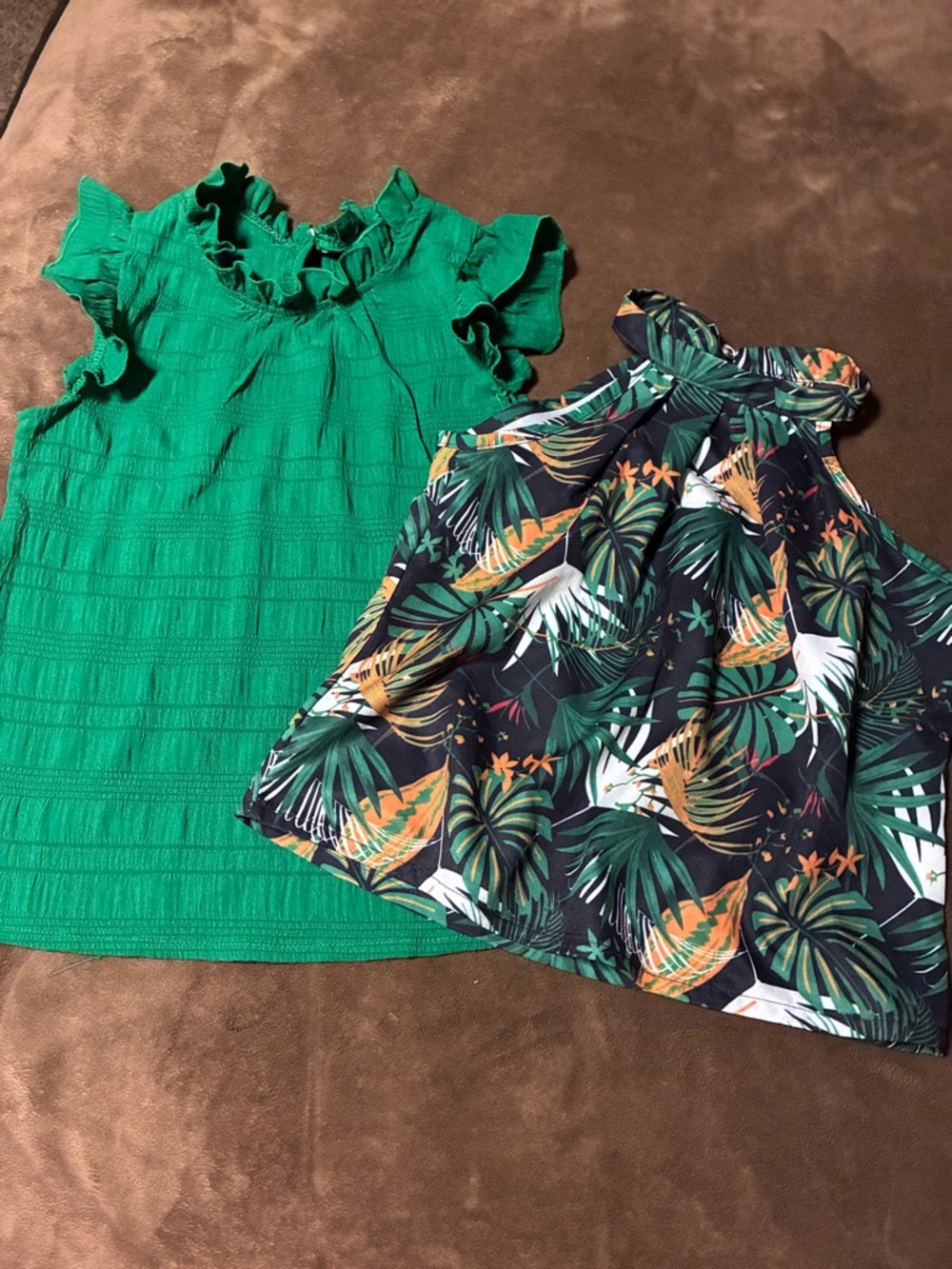 Green Ruffle Neck Blouse & Tropical Print top size 7